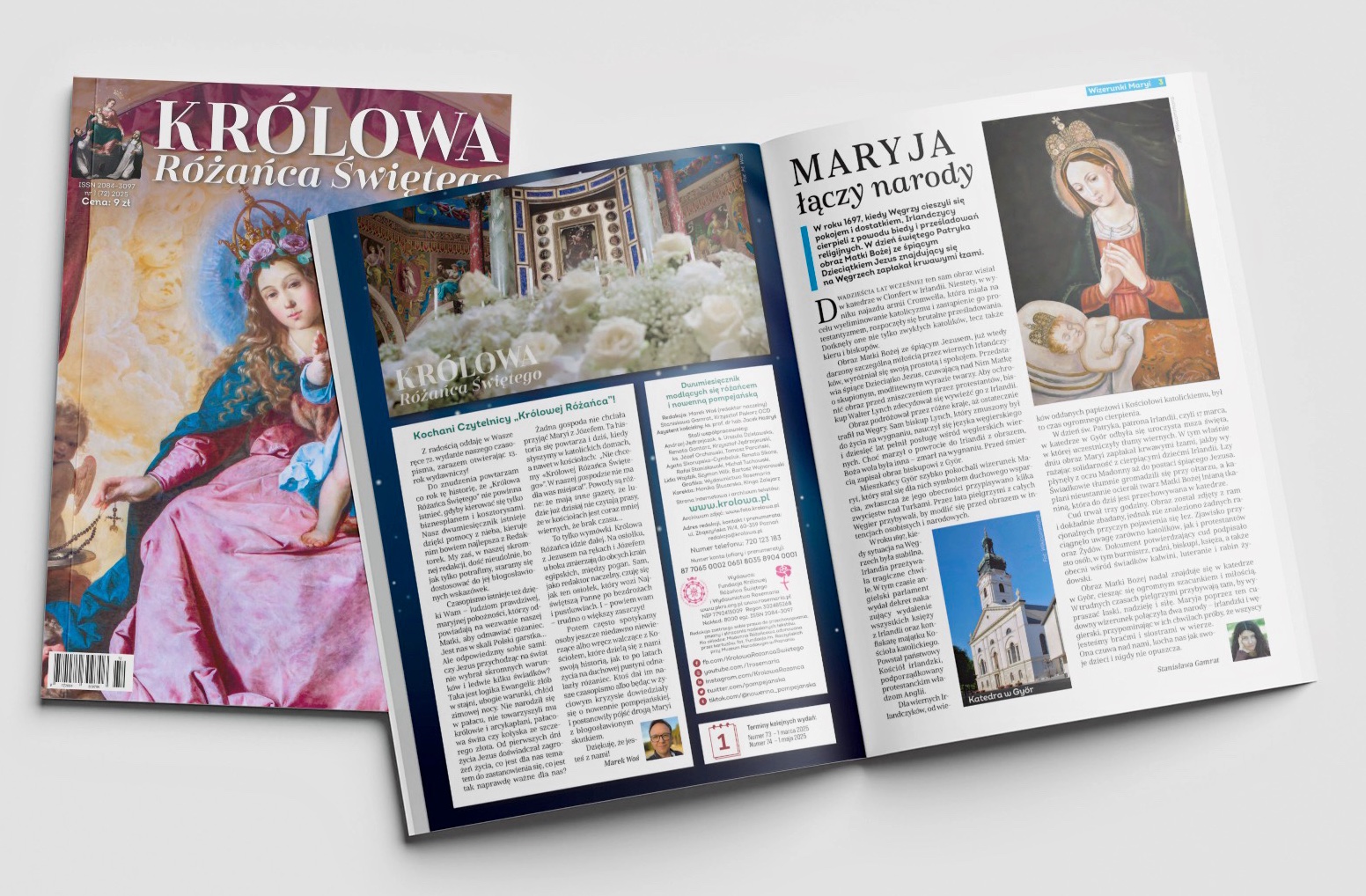 Okładka i strony magazynu Królowa Różańca Świętego z Maryją, łączącą narody. Tematyka: katolicyzm, modlitwa, Maryja, chrześcijaństwo, Polska.