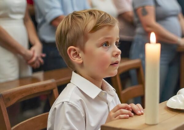 Chłopiec w kościele przystępujący do Pierwszej Komunii Świętej