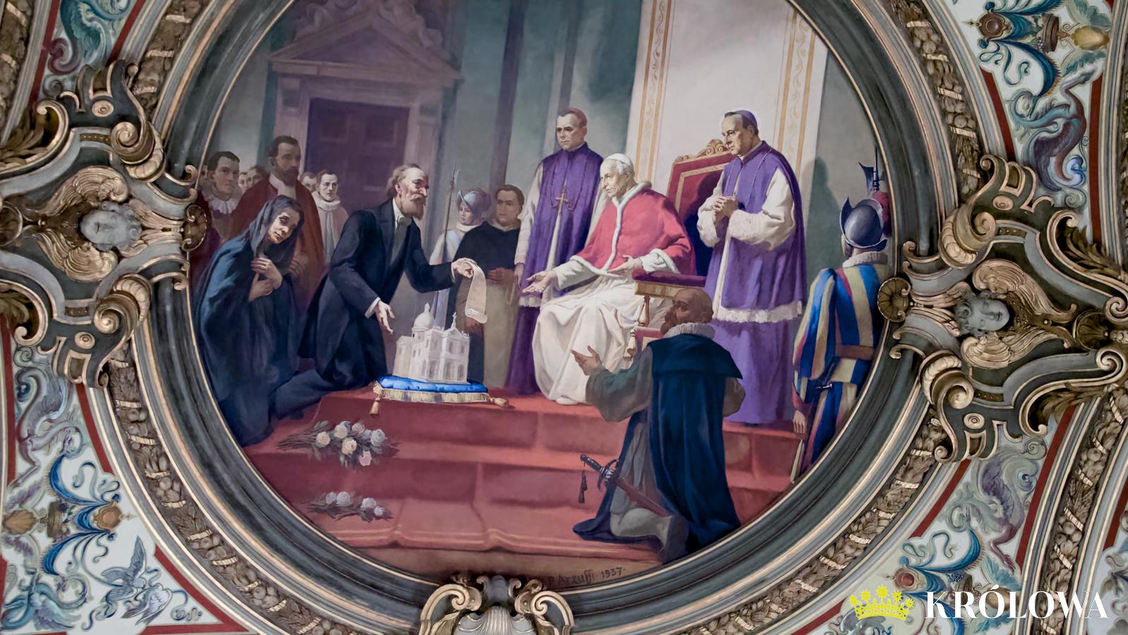 Fresk na kopule sanktuarium w Pompejach przedstawiający scenę ofiarowania dóbr papieżowi