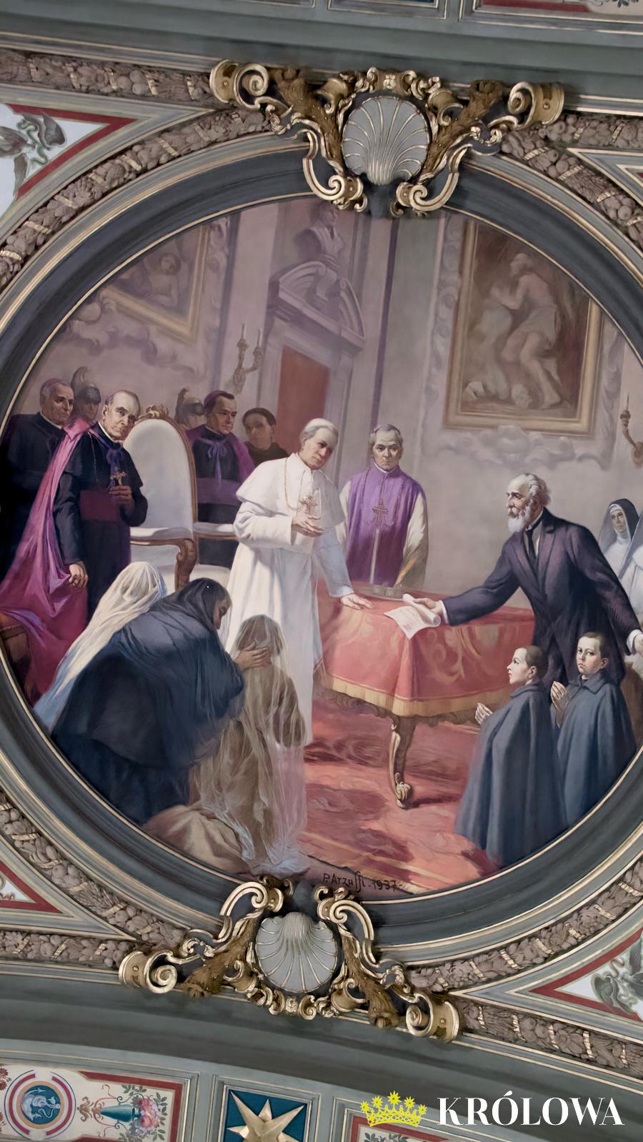 Fresk w sanktuarium pompejańskim przedstawiający scenę ofiarowania świątyni Piusowi X