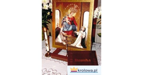 Religijny obraz Matki Bożej z księgą i świecami
