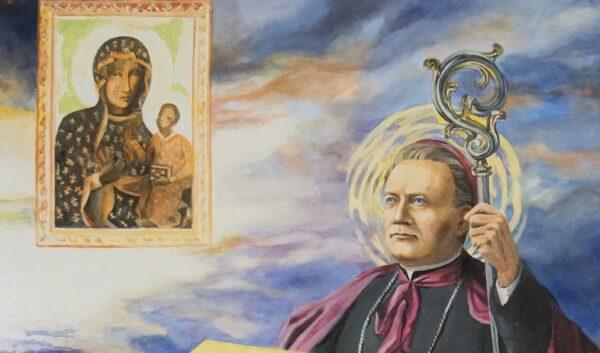 Obraz przedstawia wizerunek Matki Boskiej Częstochowskiej i biskupa. Tematyka katolicka, chrześcijaństwo, kult Maryi. Kategorie: Magazyny, Chrześcijaństwo.