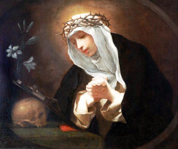 Obraz przedstawia modlącą się kobietę w koronie cierniowej. Przy niej czaszka, krzyż oraz lilie. Tematyka: chrześcijaństwo, Maryja, duchowość.