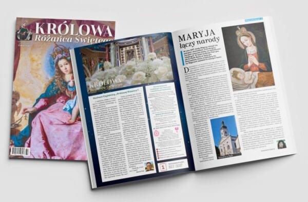 Polski magazyn religijny Królowa Różańca Świętego o Maryi, katolicyzmie, duchowości. Otwarta strona z artykułem i obrazem Matki Bożej z Dzieciątkiem.
